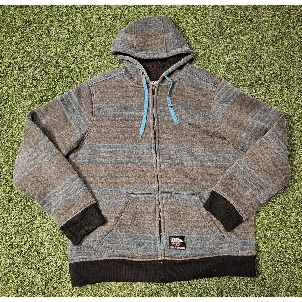 No Fear Sweatshirt Mens XL Striped Full Zip Fleece Lined Hoodie Y2K *Flaws*